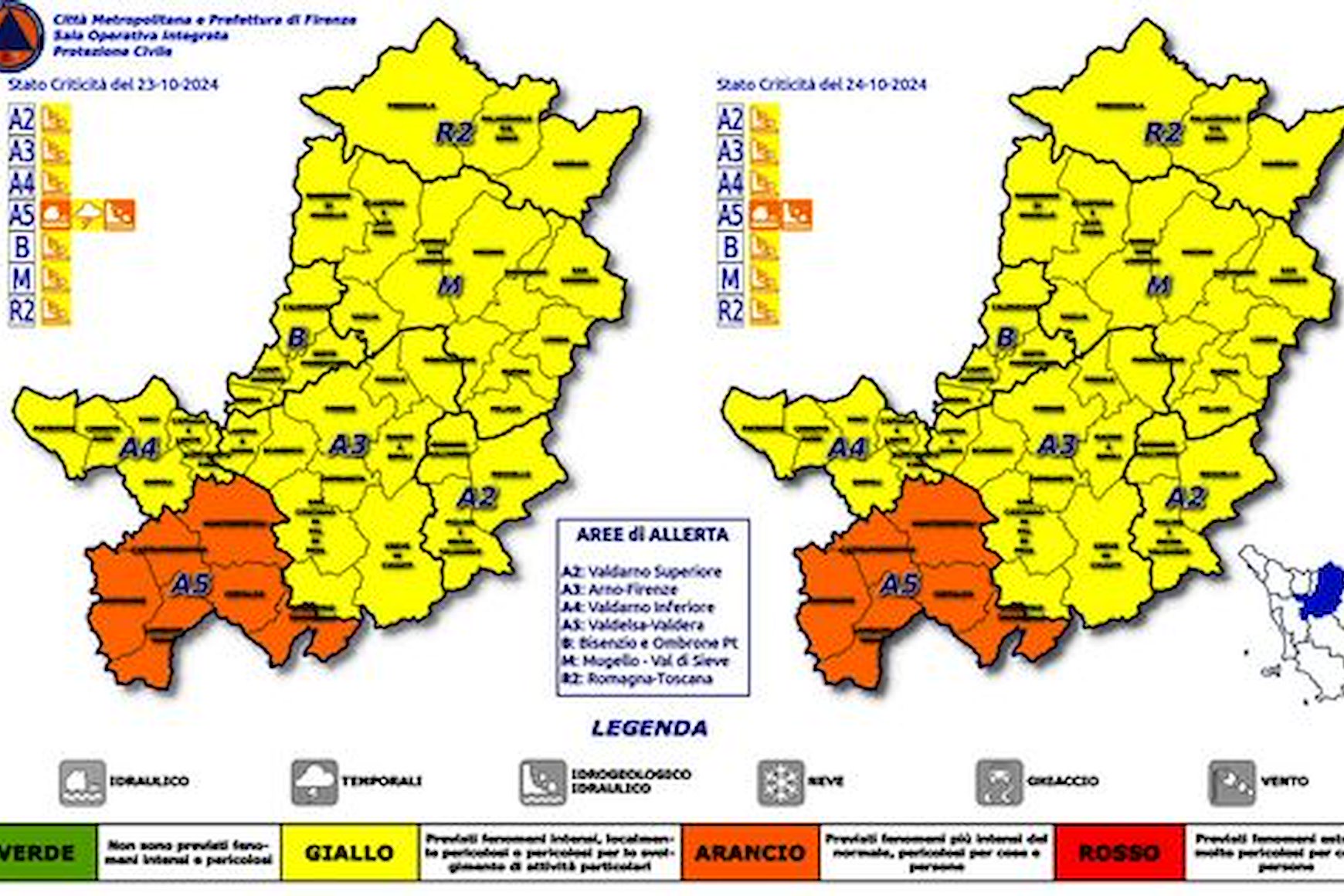 cartina allerta Regione Toscana